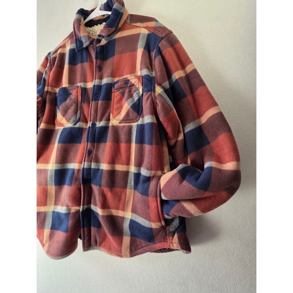 Berkley Jensen Sherpa Lined Plaid Shirt Jacket Mens Medium Orange Navy Fleece - Picture 5 of 8